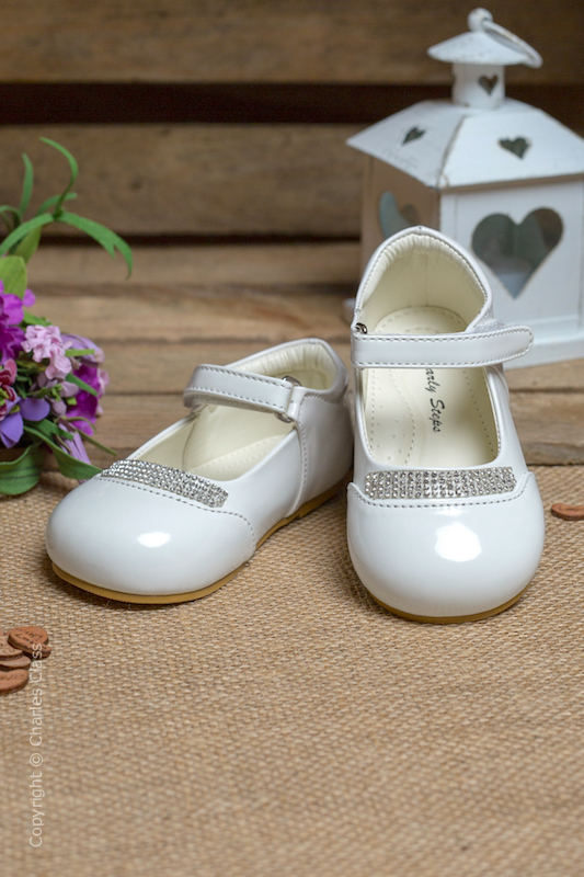 Girls White Princess Diamante Patent Leather Shoes